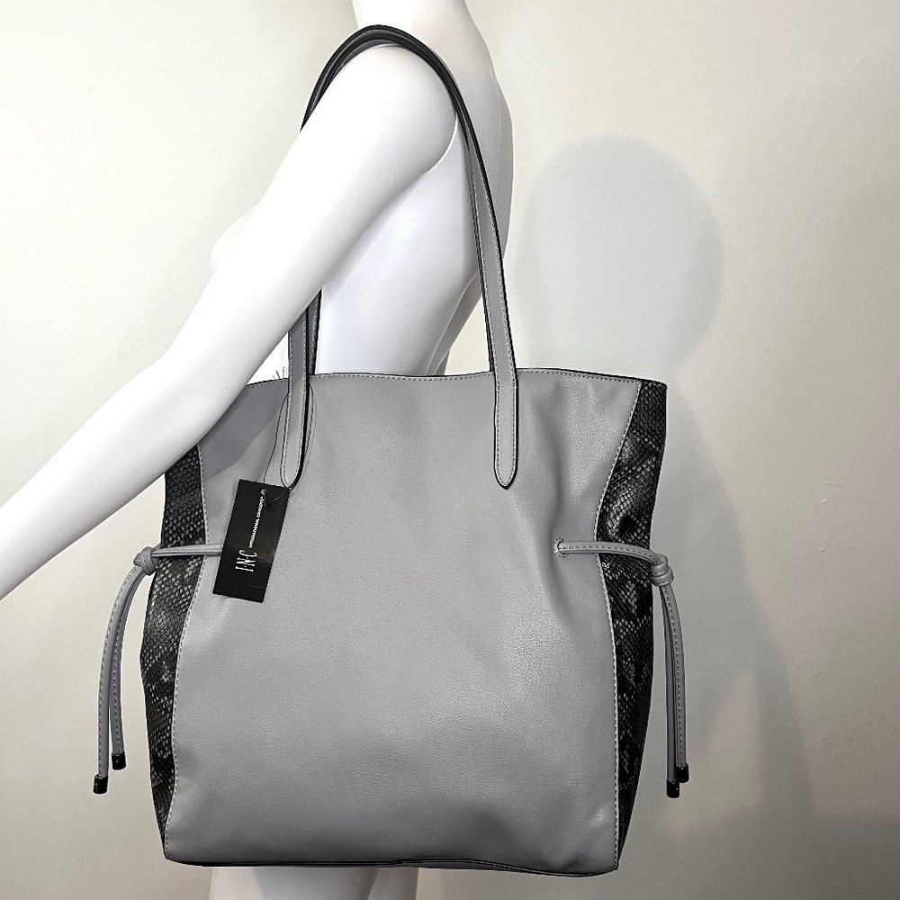INC International Concept Animal Print Grey Black Oversize Leather Tote Handbag